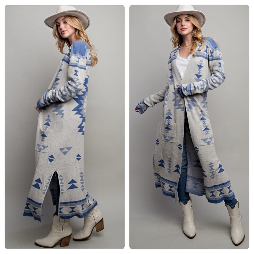 Jessica Simpson Blue Aztec Geometric Longline Duster Cardigan - Picture 3 of 14